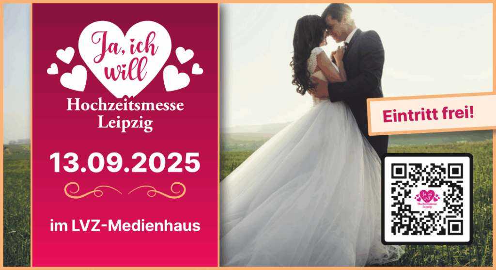 Hochzeitsmesse Keyvisual mit Daten Brautpaar und QR-Code zur Website