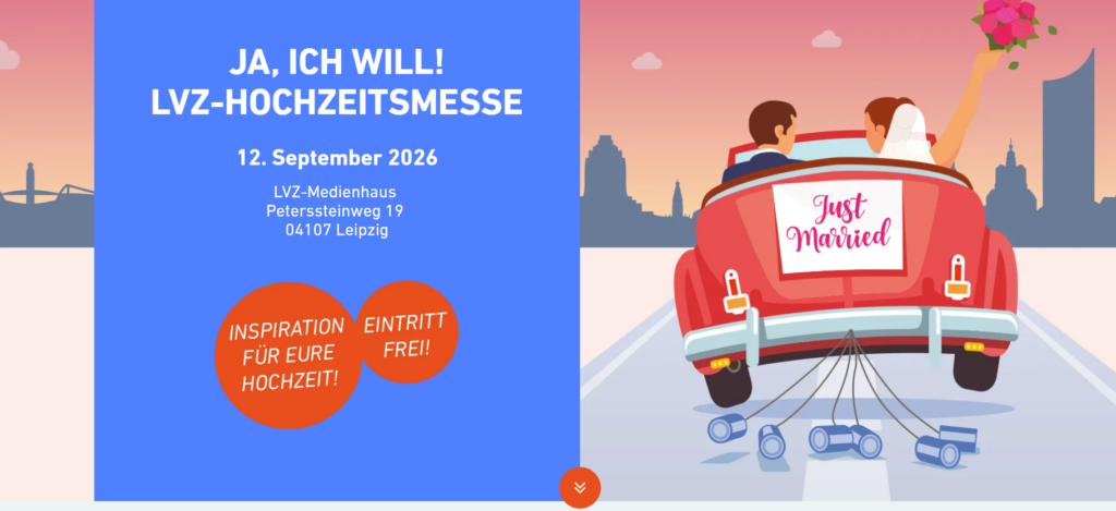 Keyvisual LVZ-Hochzeitmesse, Grafik mit einem Brautpaar in einem Cabris, das auf die Leipziger Skyline zufährt.