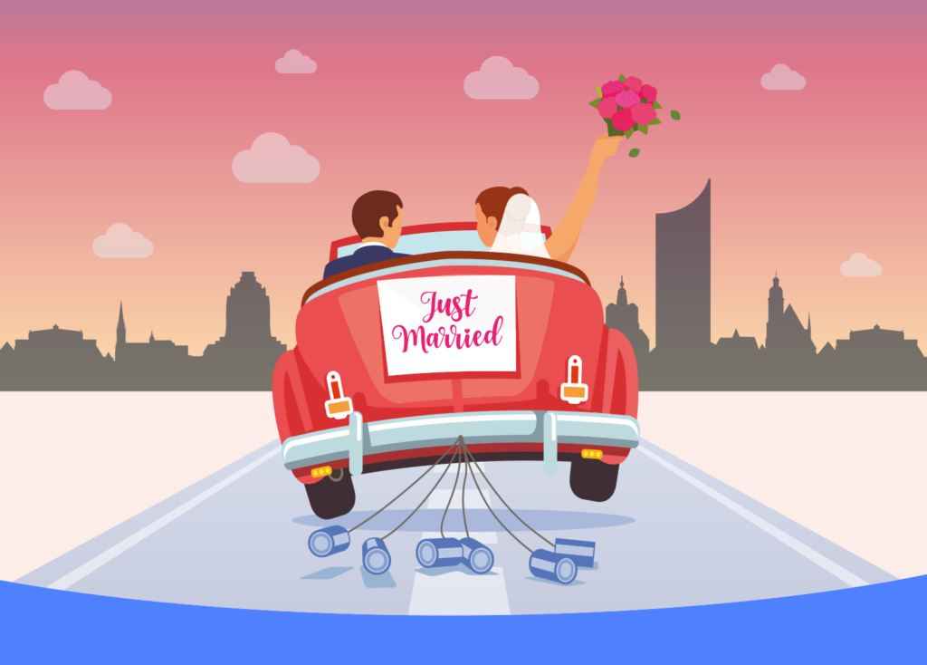 Keyvisualgrafik der LVZ-Hohchzeitsmesse: Ein Hochzeitspaar fährt in einem Cabrio auf die Leipziger Skyline zu.